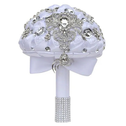 Shiny Luxury Rhinestone Brooch Pendant Wedding Bouquet 21CM Silk Rose Flower Diamond Bridal Bouquet Handmade Bridesmaid Holding Flowers