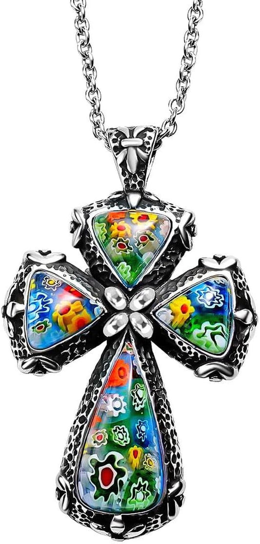 Shop LC Colorful Rainbow Cross Necklace for Women Christian Jewelry Black Oxidized Murano Style Millefiori Glass Flower Enameled Stainless Steel Cross Chain Size 20" Birthday Gifts for Women - WORLD TIME VISITS