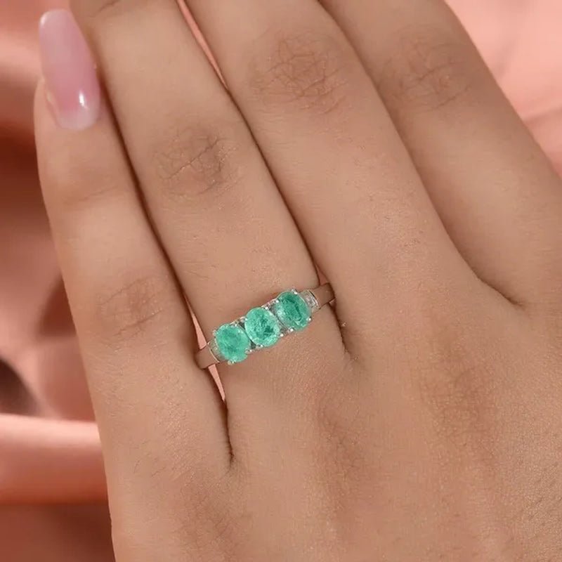 Shop LC Emerald White Diamond Oval 925 Sterling Silver Platinum Plated Trilogy Ring for Women Ct 0.92