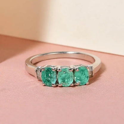 Shop LC Emerald White Diamond Oval 925 Sterling Silver Platinum Plated Trilogy Ring for Women Ct 0.92