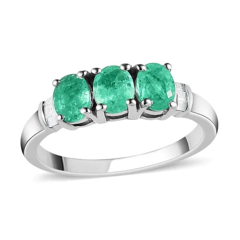 Shop LC Emerald White Diamond Oval 925 Sterling Silver Platinum Plated Trilogy Ring for Women Ct 0.92 - WORLD TIME VISITS