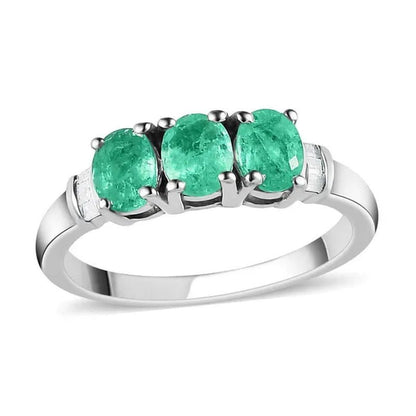 Shop LC Emerald White Diamond Oval 925 Sterling Silver Platinum Plated Trilogy Ring for Women Ct 0.92 - WORLD TIME VISITS