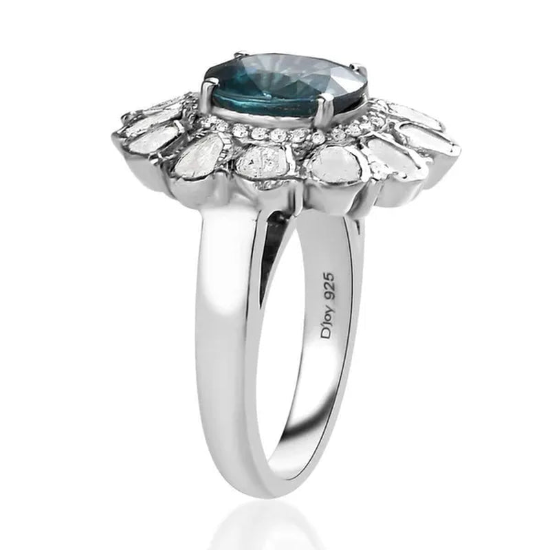 Shop LC Gifts 925 Sterling Silver 4.2 Ct Oval Ratanakiri Blue Zircon Birthstone Real Polki Diamond Cocktail Halo Ring Platinum Plated Engagement Anniversary Wedding Bridal For Her Size 6