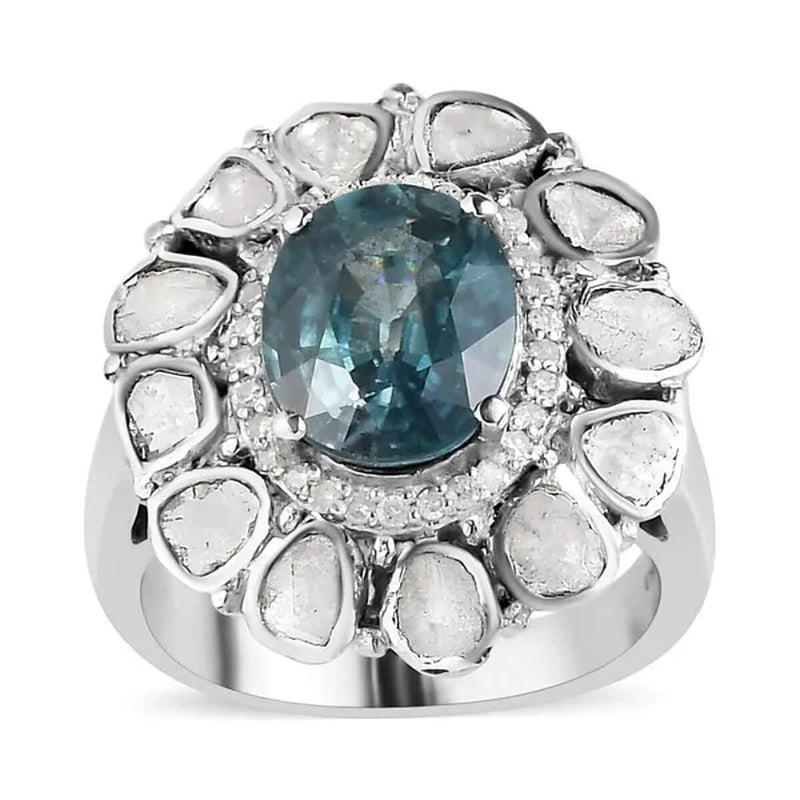Shop LC Gifts 925 Sterling Silver 4.2 Ct Oval Ratanakiri Blue Zircon Birthstone Real Polki Diamond Cocktail Halo Ring Platinum Plated Engagement Anniversary Wedding Bridal For Her Size 6 - WORLD TIME VISITS