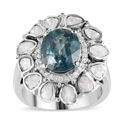 Shop LC Gifts 925 Sterling Silver 4.2 Ct Oval Ratanakiri Blue Zircon Birthstone Real Polki Diamond Cocktail Halo Ring Platinum Plated Engagement Anniversary Wedding Bridal For Her Size 6 - WORLD TIME VISITS
