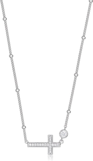 Sideways Cross Necklace for Women - Demi Fine Cubic Zirconia Pendant, 925 Sterling Silver Choker, Teens, Dainty Faith Jewelry, 12 to 16 Inch with Extender