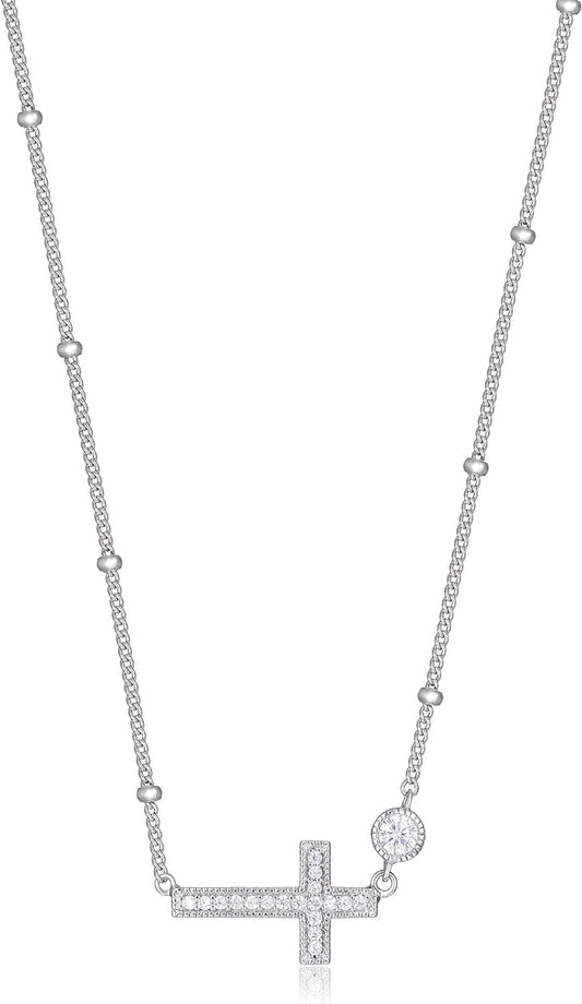 Sideways Cross Necklace for Women - Demi Fine Cubic Zirconia Pendant, 925 Sterling Silver Choker, Teens, Dainty Faith Jewelry, 12 to 16 Inch with Extender - WORLD TIME VISITS