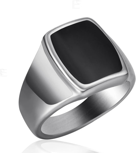 Signet Ring Solid Polished Stainless Steel Rings for Men Women Pinky Thumb Ring,Ideal Gift for Dad & Boyfriend,Silver Black - WORLD TIME VISITS