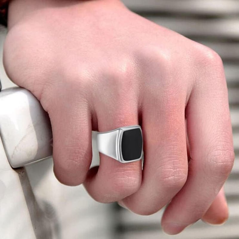 Signet Ring Solid Polished Stainless Steel Rings for Men Women Pinky Thumb Ring,Ideal Gift for Dad & Boyfriend,Silver Black - WORLD TIME VISITS