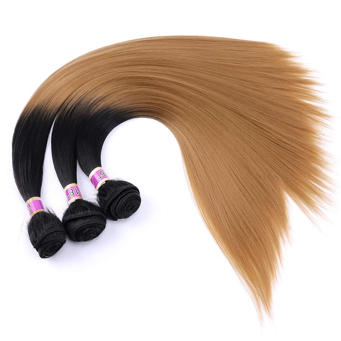 Silky Straight Hair Extensions Synthetic Hair Weave 3 Bundles Two Tone Ombre Black to Golden Color T1/27 (16" 18" 20")