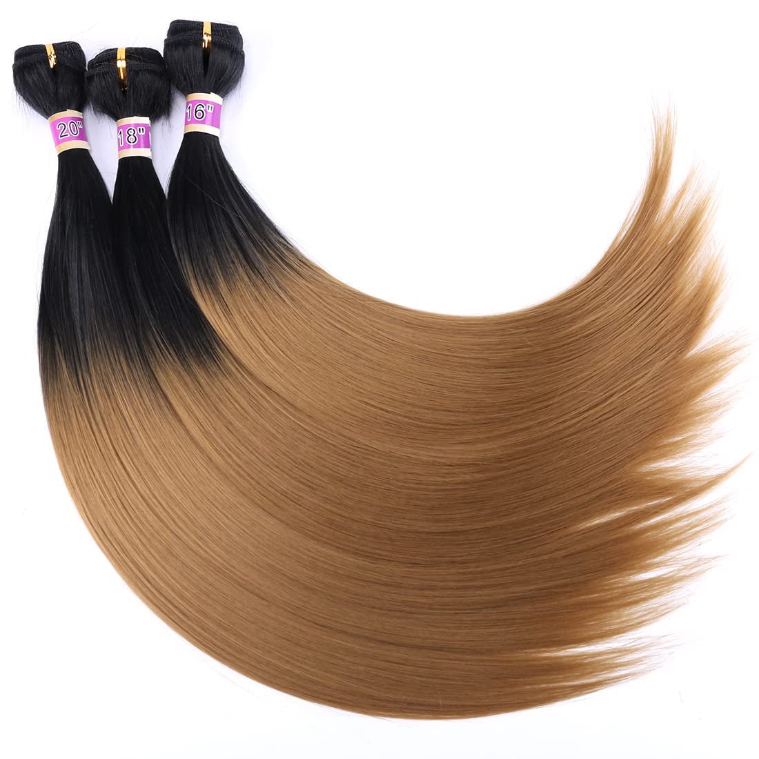 Silky Straight Hair Extensions Synthetic Hair Weave 3 Bundles Two Tone Ombre Black to Golden Color T1/27 (16" 18" 20") - WORLD TIME VISITS