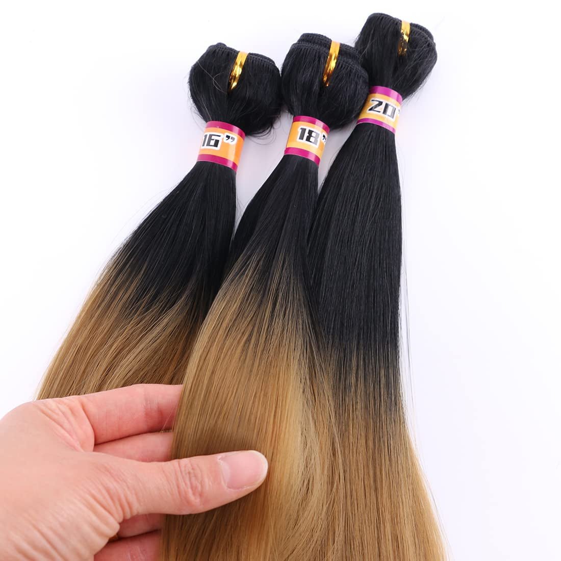 Silky Straight Hair Extensions Synthetic Hair Weave 3 Bundles Two Tone Ombre Black to Golden Color T1/27 (16" 18" 20")