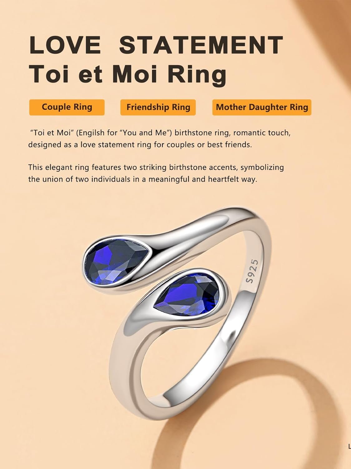 Silver Birthstone Ring for Women, Dainty Sterling Silver Teardrop Ring Open Adjustable Band Ring, Love Statement TOI Et Moi Ring Promise Ring for Her - WORLD TIME VISITS