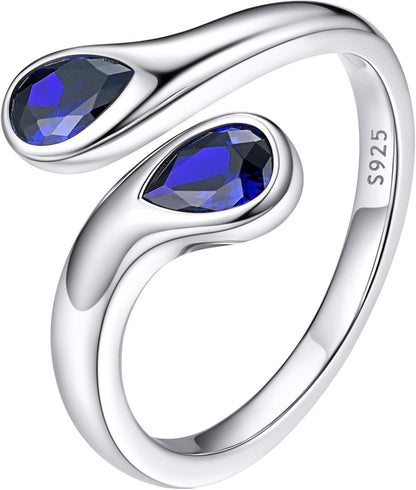 Silver Birthstone Ring for Women, Dainty Sterling Silver Teardrop Ring Open Adjustable Band Ring, Love Statement TOI Et Moi Ring Promise Ring for Her - WORLD TIME VISITS