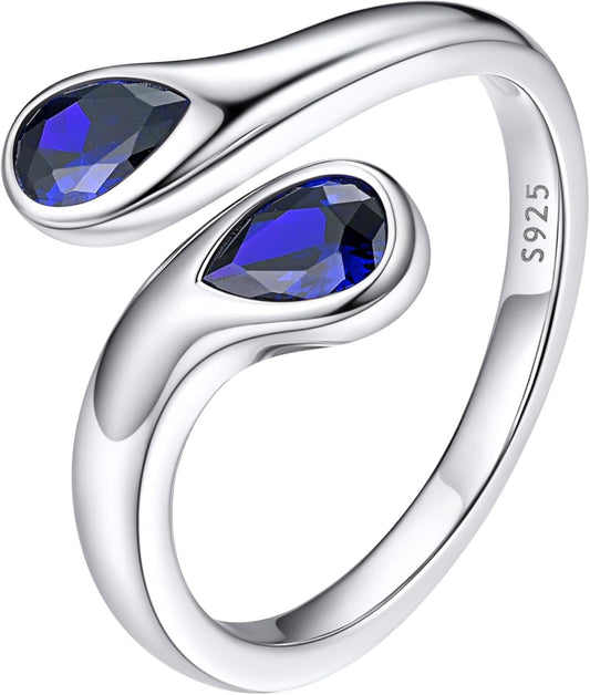 Silver Birthstone Ring for Women, Dainty Sterling Silver Teardrop Ring Open Adjustable Band Ring, Love Statement TOI Et Moi Ring Promise Ring for Her - WORLD TIME VISITS