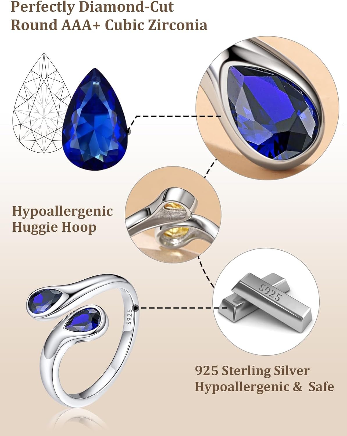 Silver Birthstone Ring for Women, Dainty Sterling Silver Teardrop Ring Open Adjustable Band Ring, Love Statement TOI Et Moi Ring Promise Ring for Her