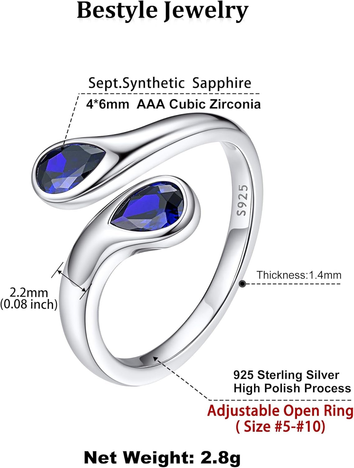Silver Birthstone Ring for Women, Dainty Sterling Silver Teardrop Ring Open Adjustable Band Ring, Love Statement TOI Et Moi Ring Promise Ring for Her
