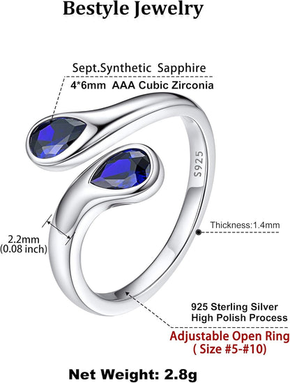 Silver Birthstone Ring for Women, Dainty Sterling Silver Teardrop Ring Open Adjustable Band Ring, Love Statement TOI Et Moi Ring Promise Ring for Her