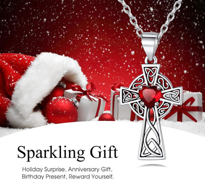 Silver Celtic Cross Necklace with 12 Month Heart Birthstone, Dainty Celtic Birthstone Necklace Silver Chain for Women Faith Irish Amulet Lucky Birthstone Jewelry