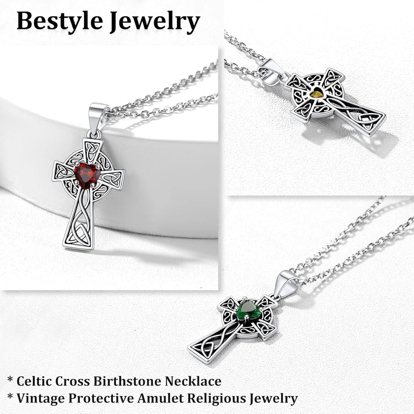 Silver Celtic Cross Necklace with 12 Month Heart Birthstone, Dainty Celtic Birthstone Necklace Silver Chain for Women Faith Irish Amulet Lucky Birthstone Jewelry