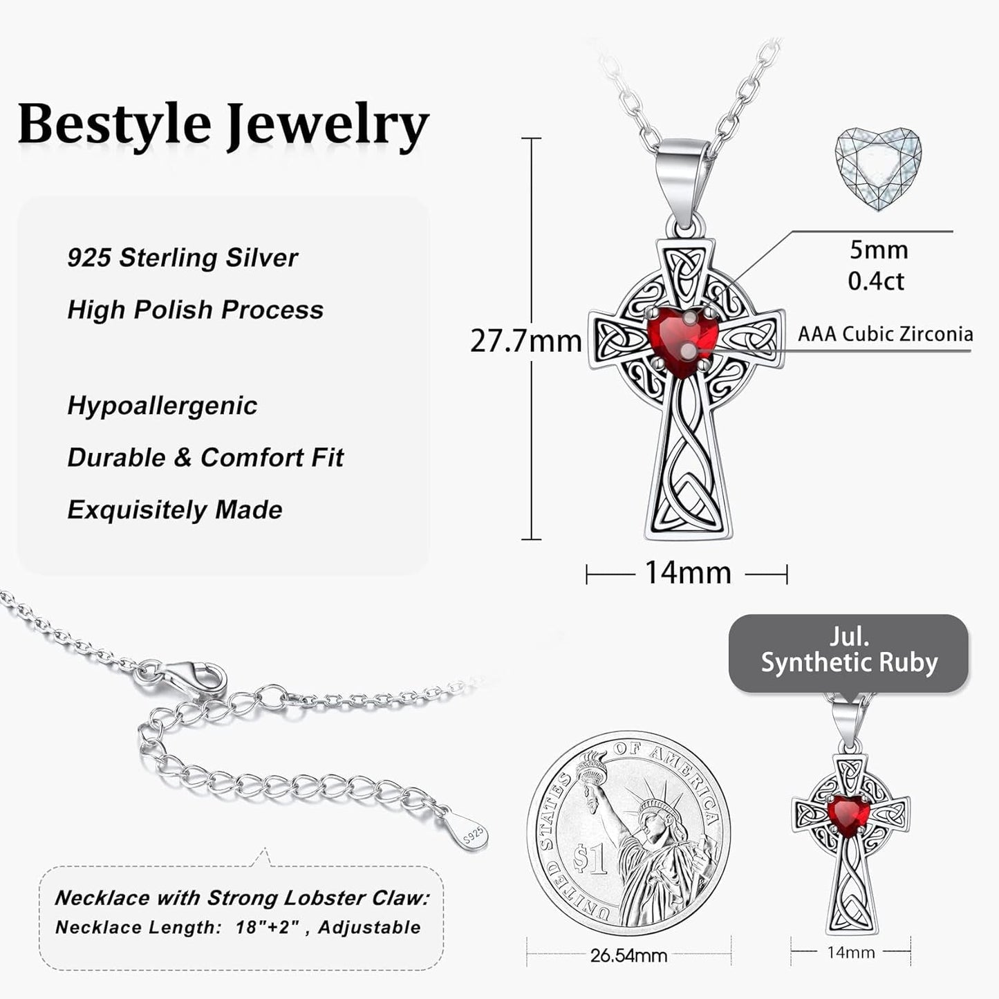 Silver Celtic Cross Necklace with 12 Month Heart Birthstone, Dainty Celtic Birthstone Necklace Silver Chain for Women Faith Irish Amulet Lucky Birthstone Jewelry