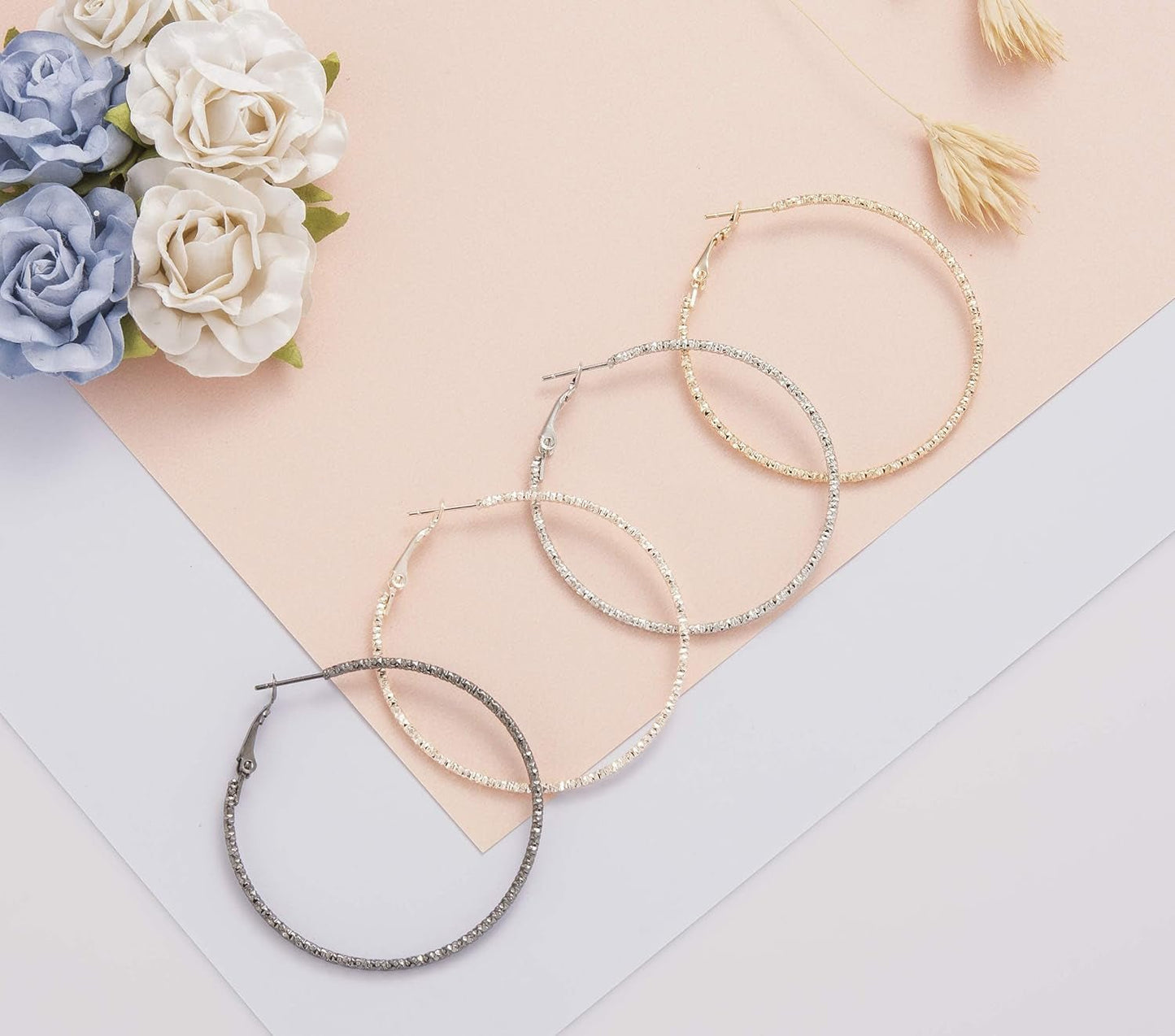 Silver Gold Gunmetal Grey Rhodium Plate Hoop Earrings Set for Women Teen Jewelry Diamond Cut 3 Pairs