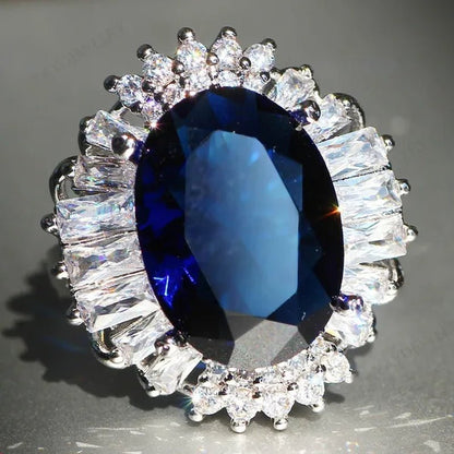 Silver Huge Oval Cut Natural Gemstones Sapphire Ring Wedding Birthstone Bride Engagement Bride Ellipse Ring Jewelry Band - WORLD TIME VISITS