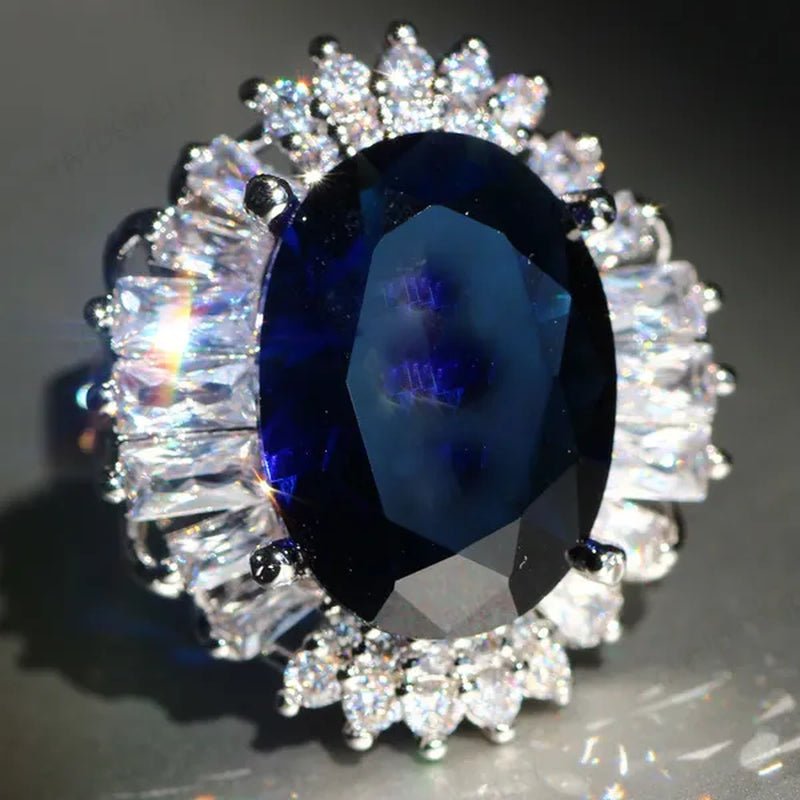 Silver Huge Oval Cut Natural Gemstones Sapphire Ring Wedding Birthstone Bride Engagement Bride Ellipse Ring Jewelry Band - WORLD TIME VISITS