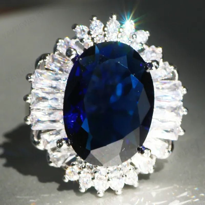 Silver Huge Oval Cut Natural Gemstones Sapphire Ring Wedding Birthstone Bride Engagement Bride Ellipse Ring Jewelry Band