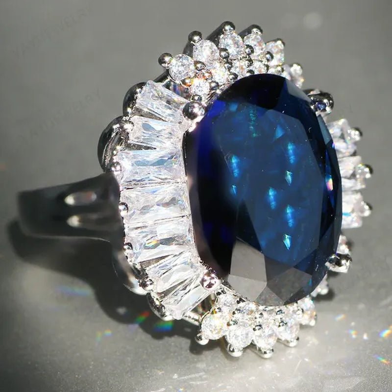 Silver Huge Oval Cut Natural Gemstones Sapphire Ring Wedding Birthstone Bride Engagement Bride Ellipse Ring Jewelry Band