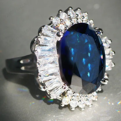 Silver Huge Oval Cut Natural Gemstones Sapphire Ring Wedding Birthstone Bride Engagement Bride Ellipse Ring Jewelry Band