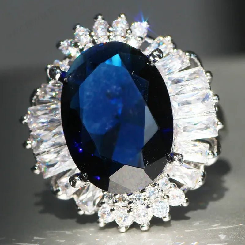 Silver Huge Oval Cut Natural Gemstones Sapphire Ring Wedding Birthstone Bride Engagement Bride Ellipse Ring Jewelry Band