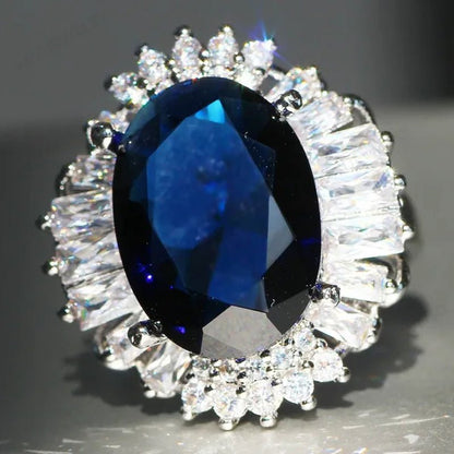 Silver Huge Oval Cut Natural Gemstones Sapphire Ring Wedding Birthstone Bride Engagement Bride Ellipse Ring Jewelry Band