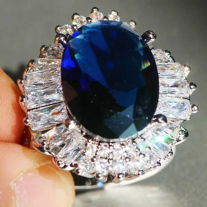 Silver Huge Oval Cut Natural Gemstones Sapphire Ring Wedding Birthstone Bride Engagement Bride Ellipse Ring Jewelry Band
