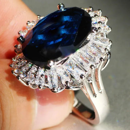 Silver Huge Oval Cut Natural Gemstones Sapphire Ring Wedding Birthstone Bride Engagement Bride Ellipse Ring Jewelry Band