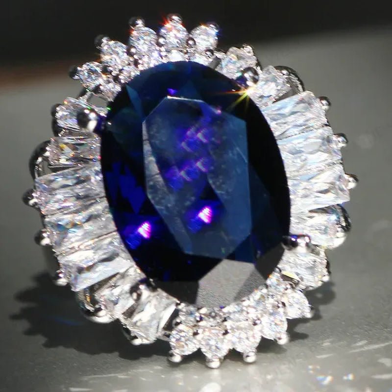Silver Huge Oval Cut Natural Gemstones Sapphire Ring Wedding Birthstone Bride Engagement Bride Ellipse Ring Jewelry Band