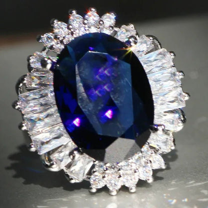Silver Huge Oval Cut Natural Gemstones Sapphire Ring Wedding Birthstone Bride Engagement Bride Ellipse Ring Jewelry Band
