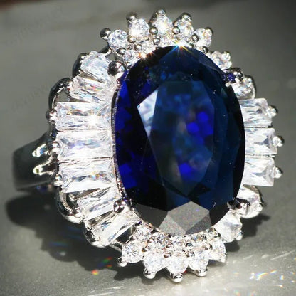 Silver Huge Oval Cut Natural Gemstones Sapphire Ring Wedding Birthstone Bride Engagement Bride Ellipse Ring Jewelry Band
