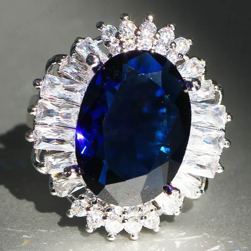 Silver Huge Oval Cut Natural Gemstones Sapphire Ring Wedding Birthstone Bride Engagement Bride Ellipse Ring Jewelry Band