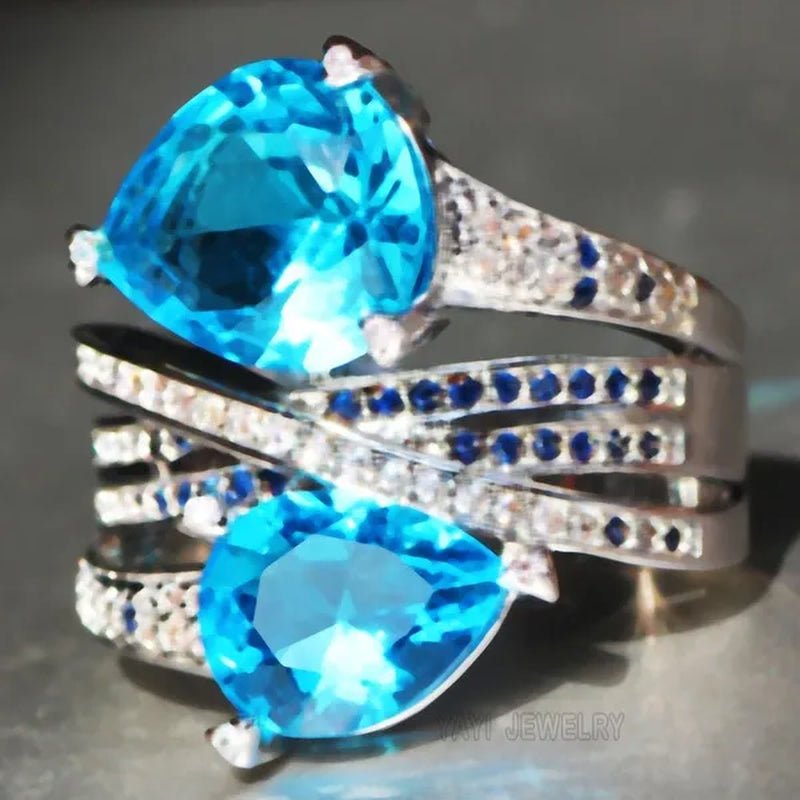 Silver Natural Gemstones Aquamarine Ring Wedding Birthstone Bride Engagement Crossing Brand Ring Jewelry Size 6 7 8 9 10
