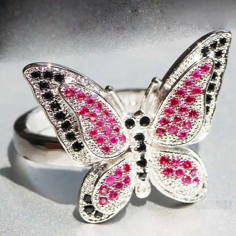 Silver Natural Gemstones Ring Ruby & Black Sapphire Wedding Ring Birthstone Bride Engagement Square Brand Crown Cross Butterfly Ring Jewelry Size 6 7 8 9 10 - WORLD TIME VISITS
