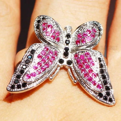 Silver Natural Gemstones Ring Ruby & Black Sapphire Wedding Ring Birthstone Bride Engagement Square Brand Crown Cross Butterfly Ring Jewelry Size 6 7 8 9 10