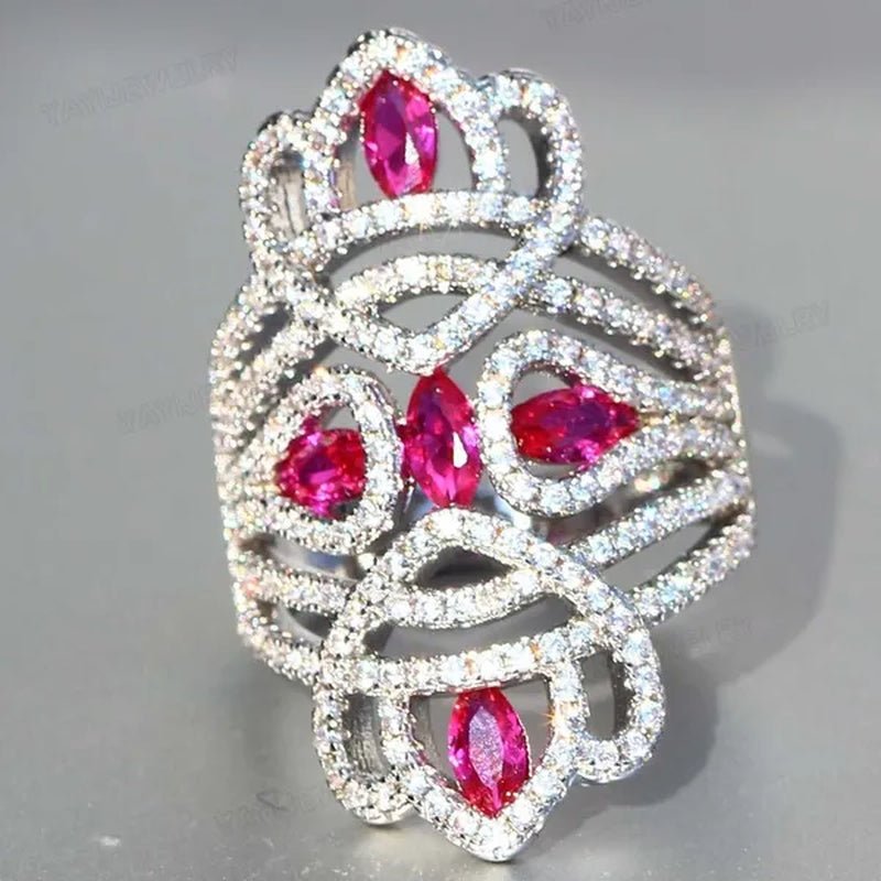 Silver Natural Gemstones White Sapphire & Ruby Ring Birthstone Bride Wedding Engagement Multilayer Princess Cross Ring Size 6 7 8 9 10
