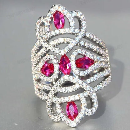 Silver Natural Gemstones White Sapphire & Ruby Ring Birthstone Bride Wedding Engagement Multilayer Princess Cross Ring Size 6 7 8 9 10