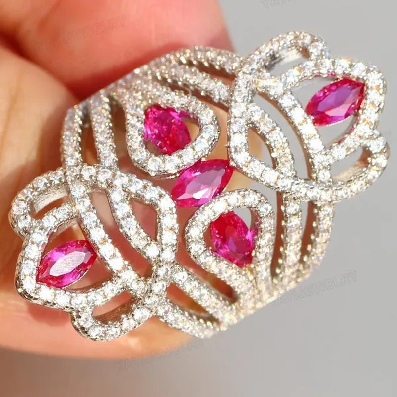 Silver Natural Gemstones White Sapphire & Ruby Ring Birthstone Bride Wedding Engagement Multilayer Princess Cross Ring Size 6 7 8 9 10