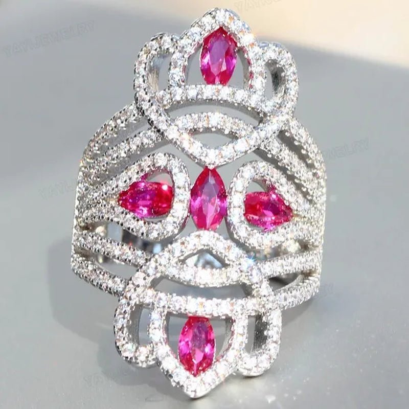 Silver Natural Gemstones White Sapphire & Ruby Ring Birthstone Bride Wedding Engagement Multilayer Princess Cross Ring Size 6 7 8 9 10