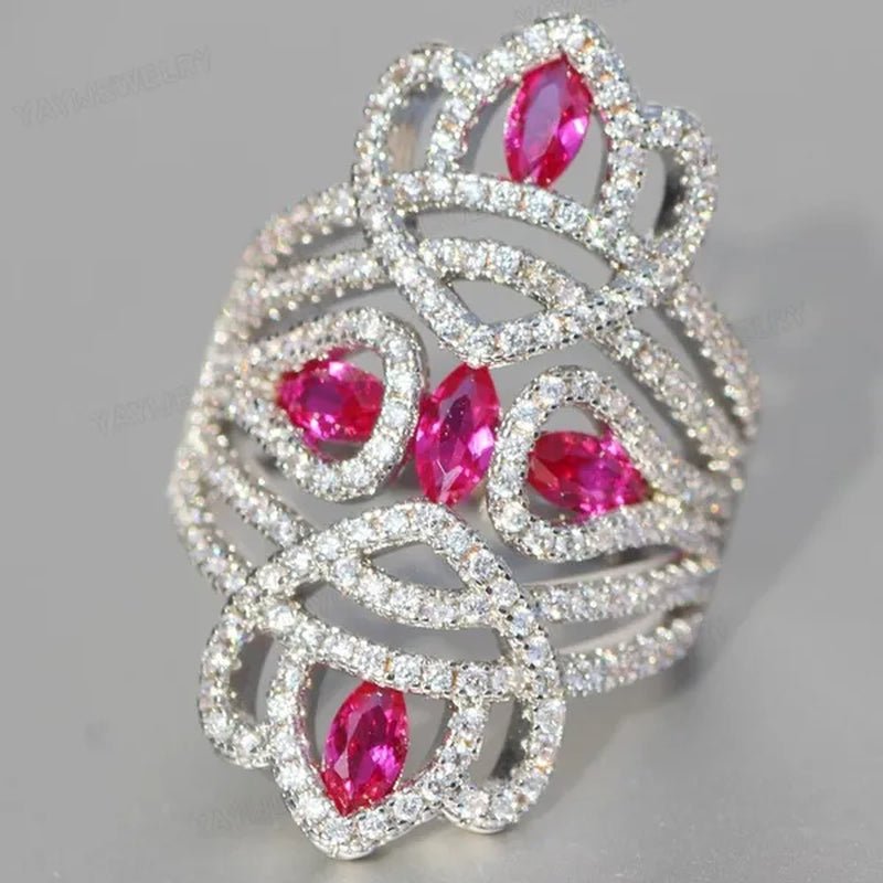 Silver Natural Gemstones White Sapphire & Ruby Ring Birthstone Bride Wedding Engagement Multilayer Princess Cross Ring Size 6 7 8 9 10