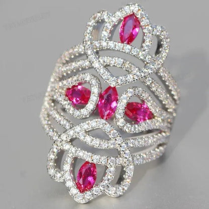 Silver Natural Gemstones White Sapphire & Ruby Ring Birthstone Bride Wedding Engagement Multilayer Princess Cross Ring Size 6 7 8 9 10