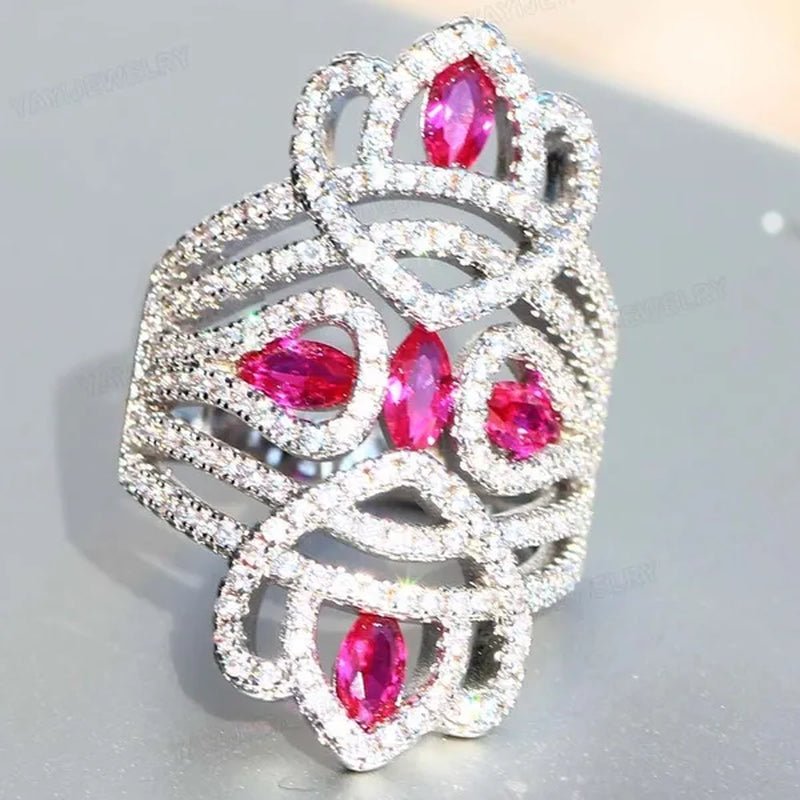 Silver Natural Gemstones White Sapphire & Ruby Ring Birthstone Bride Wedding Engagement Multilayer Princess Cross Ring Size 6 7 8 9 10