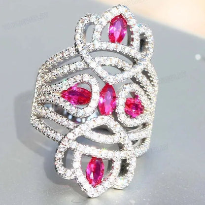 Silver Natural Gemstones White Sapphire & Ruby Ring Birthstone Bride Wedding Engagement Multilayer Princess Cross Ring Size 6 7 8 9 10
